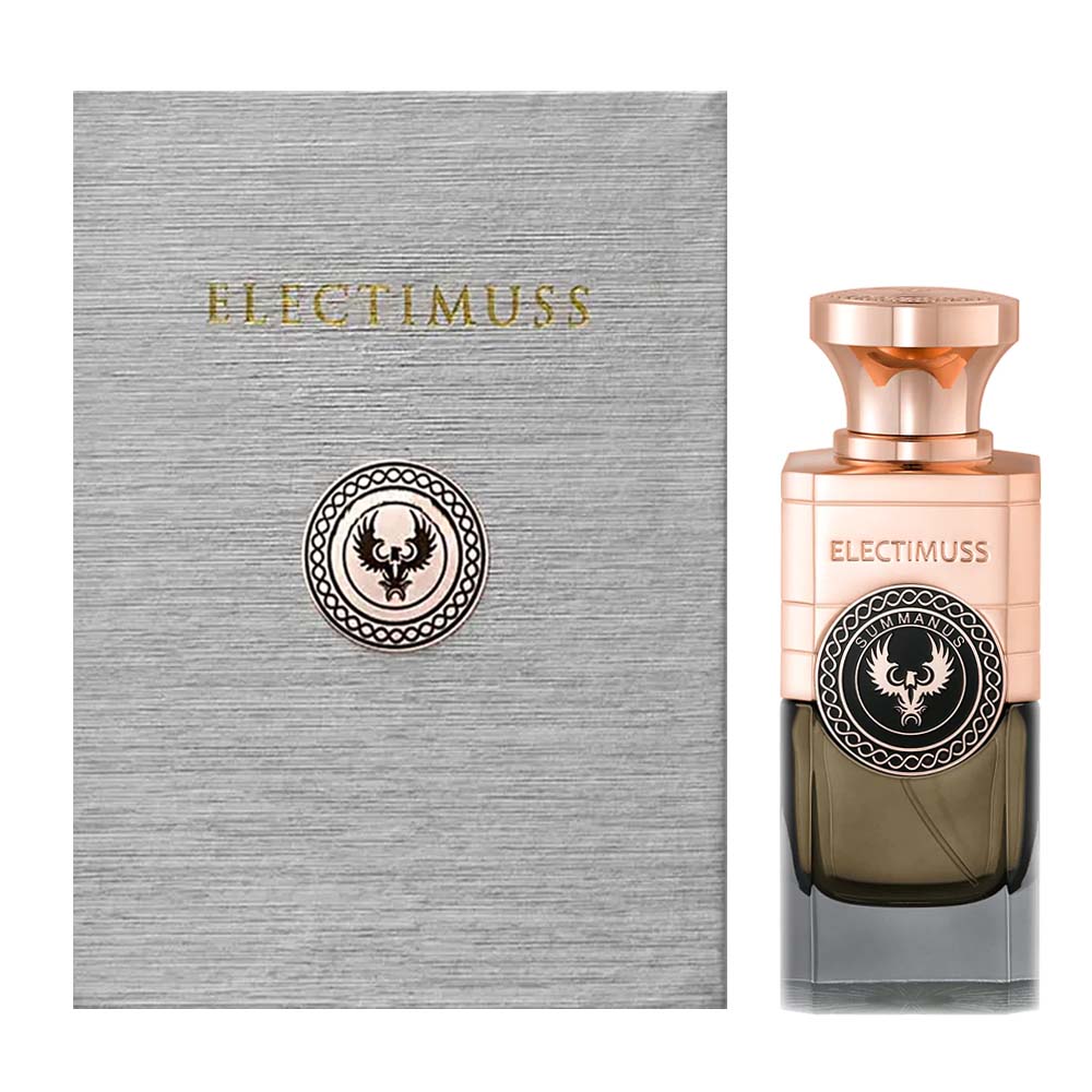 **Description de la photo :**  
Flacon élégant et raffiné d'**ELECTIMUSS Summanus**, un parfum niche de luxe. Son design sobre et intemporel reflète la sophistication de cette fragrance exclusive aux notes épicées, boisées et ambrées. Un objet de désir pour les amateurs de parfums rares et envoûtants.
