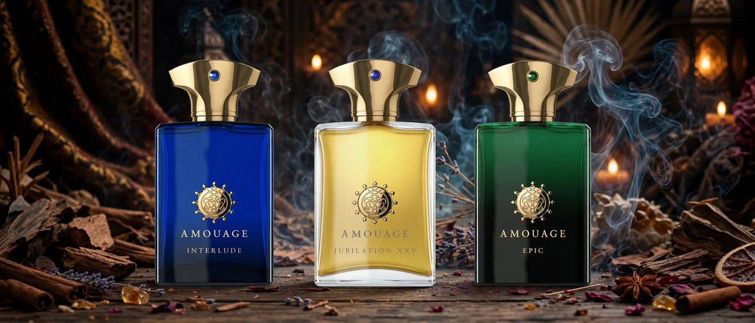 Flacons Amouage Interlude, Jubilation XXV et Epic dans une mise en scène orientale