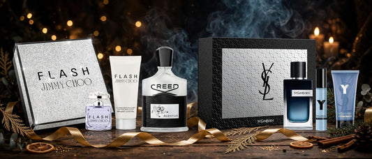 Coffrets et flacons de parfum en scène festive
