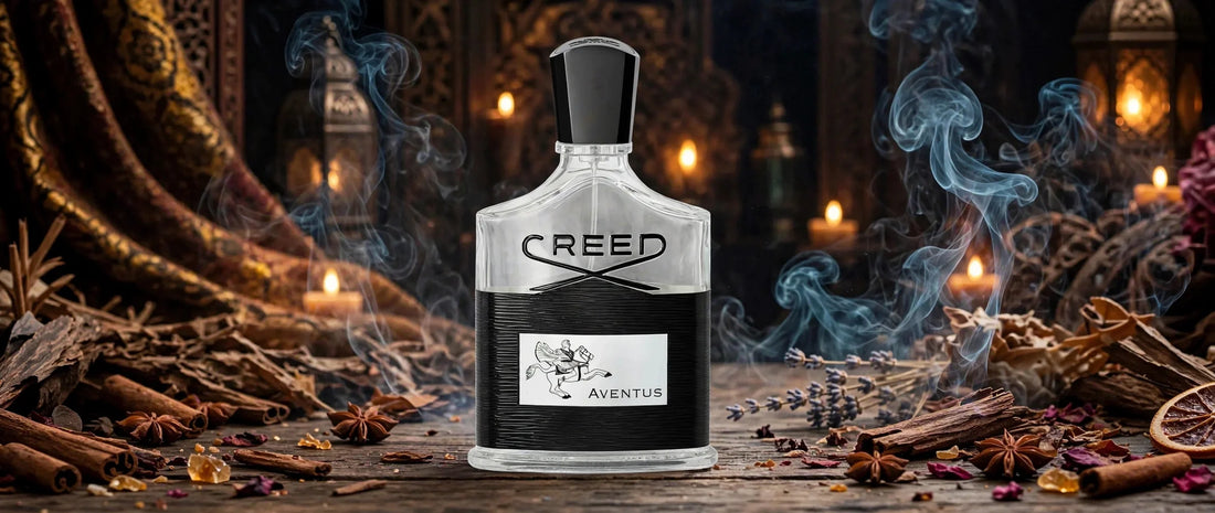 Flacon Creed Aventus dans une mise en scène orientale