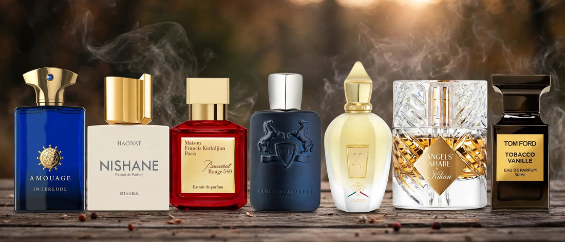 Les 7 parfums à la tenue légendaire : Interlude, Hacivat, Baccarat Rouge 540, Layton, Naxos, Angels' Share et Tobacco Vanille