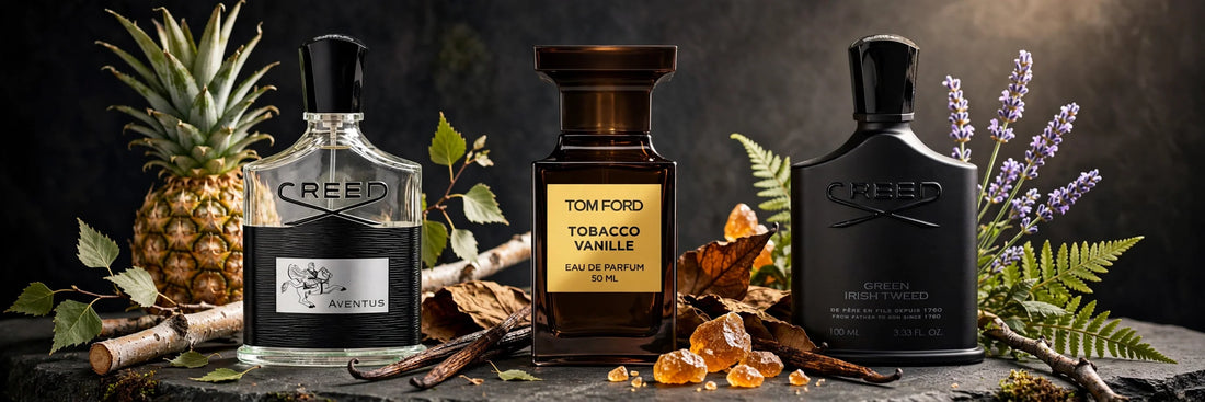 Flacons Creed Aventus, Tom Ford Tobacco Vanille et Creed Green Irish Tweed illustrant les familles olfactives
