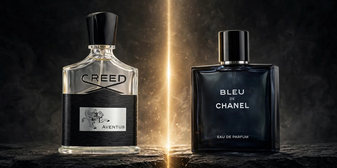Flacons Creed Aventus et Bleu de Chanel face à face : niche contre designer
