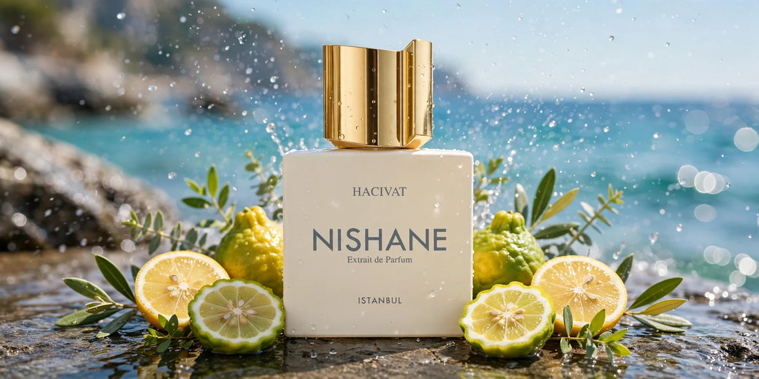 Flacon Nishane Hacivat dans une scène d'été au bord de la mer