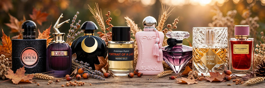 Flacons Black Opium, Scandal, Portrait of a Lady et Delina Exclusif en scène d'automne