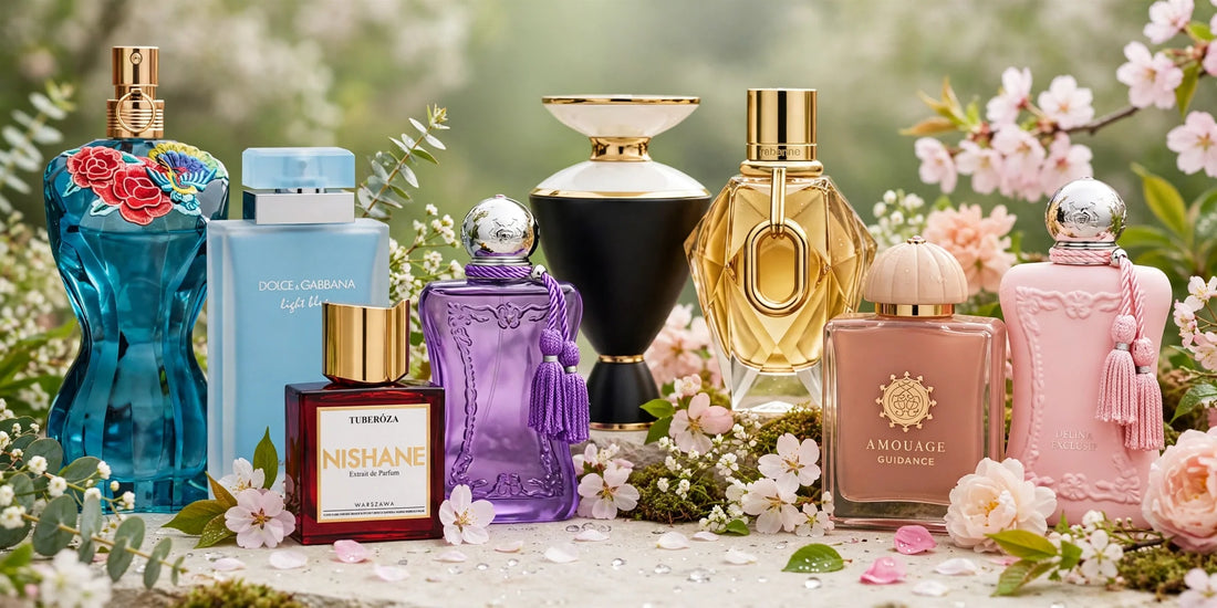 Flacons La Belle Paradise Garden, Light Blue et Amouage Guidance parmi les fleurs de printemps